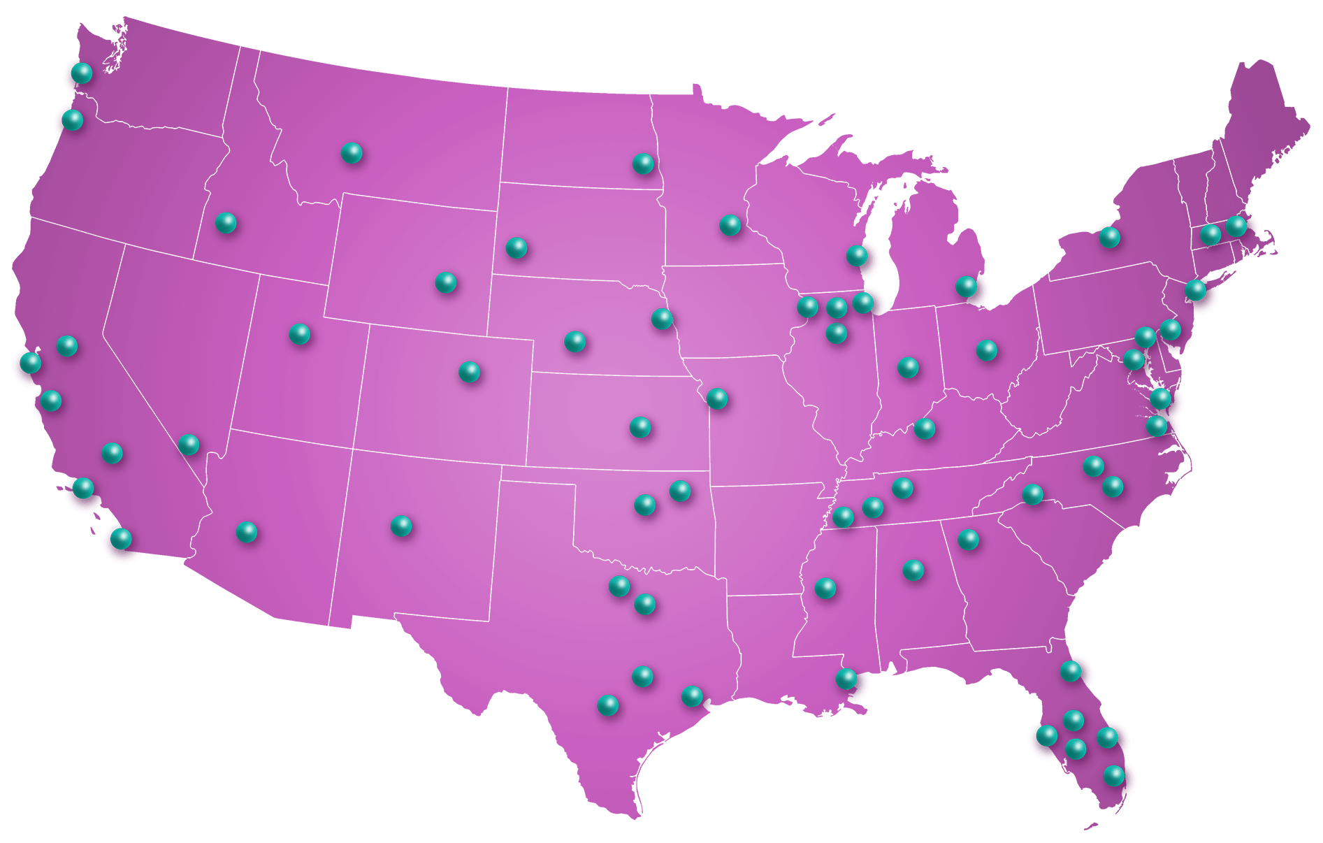 Map of the United States with pins indicating markets were miniBunion is available.